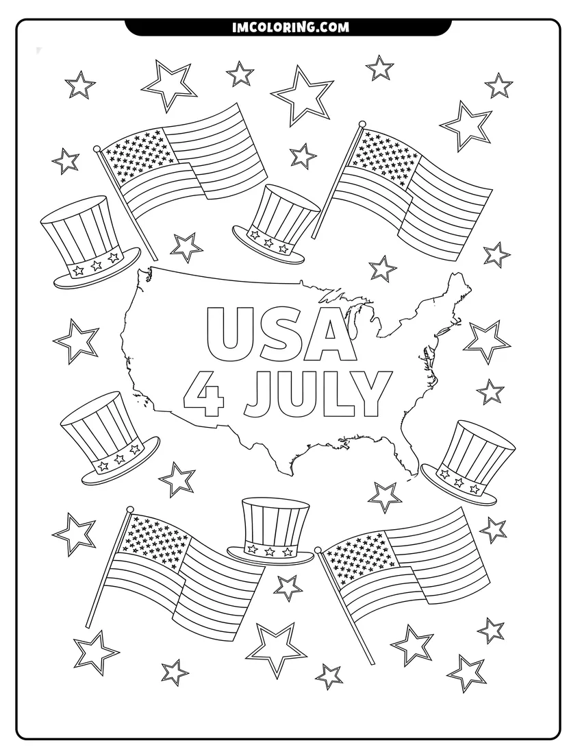 Vector style outline of Map of America surrounded by flags and star hats