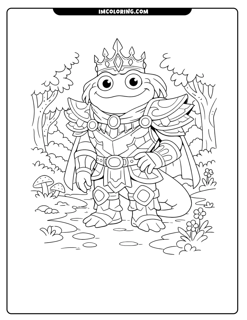 Scene showing King Andrias walking on a forest path to color