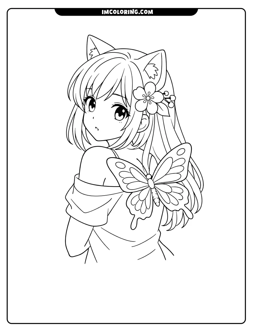Anime girl with cat ears and a butterfly drawing meant for coloring