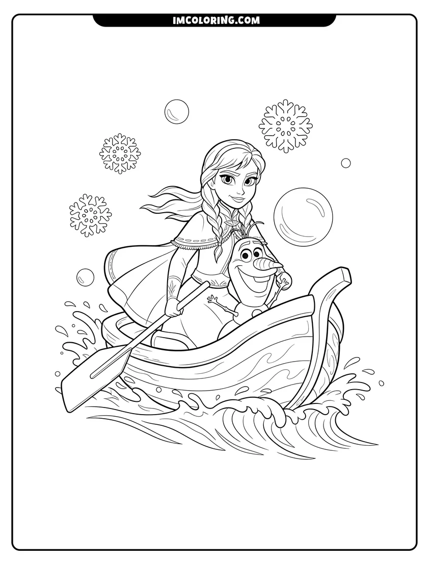 Line art depicting Anna and Olaf riding a boat made of ice