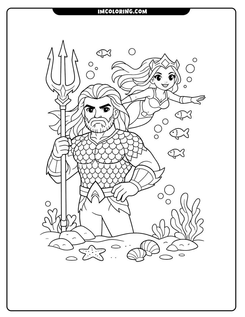 Detailed Aquaman and Mera swimming together underwater with fish design for coloring