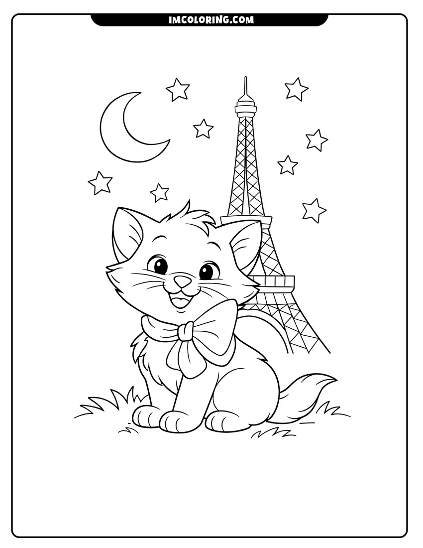 Printable outline of Berlioz the kitten sitting before the Eiffel Tower