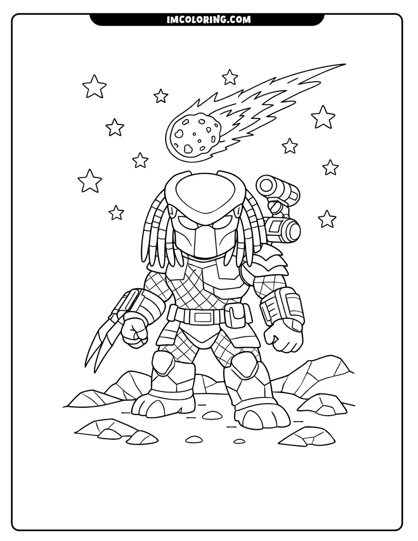 Line art depicting Armored Predator alien with a bio-mask and blades