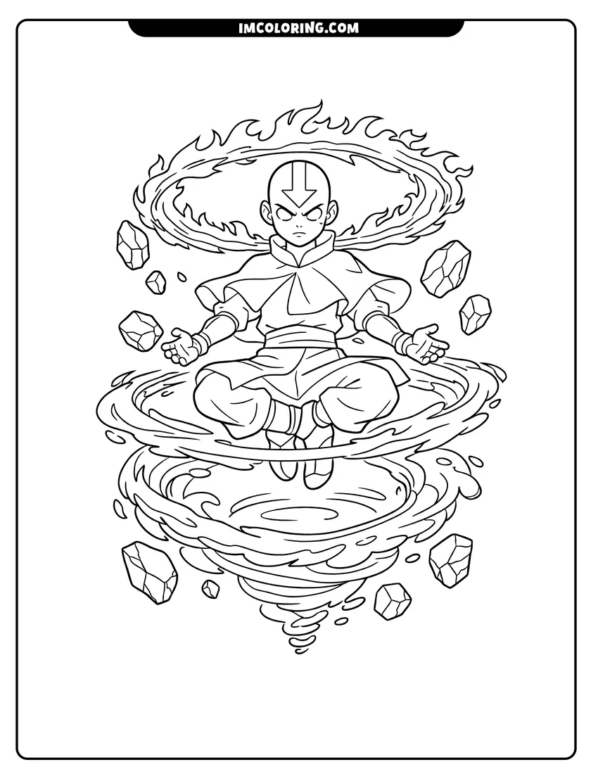 Kids activity sheet showing Aang bending all four elements