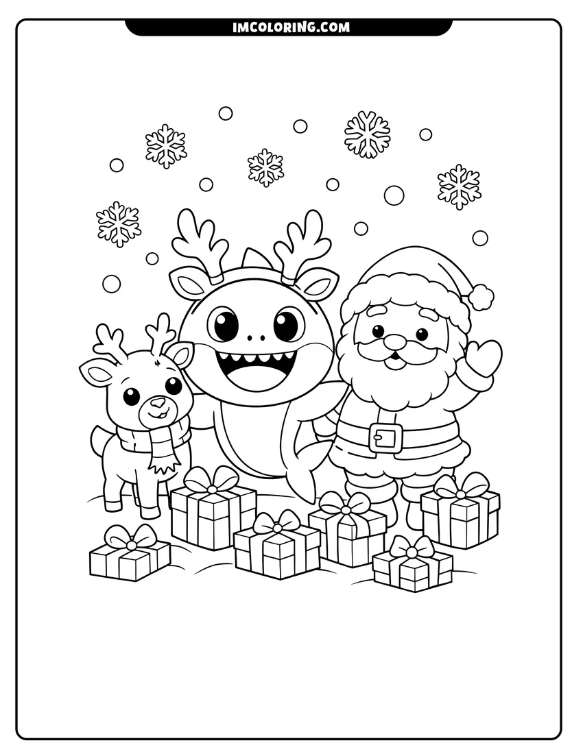 Kids activity sheet showing Baby Shark in reindeer antlers with Santa and Rudolph
