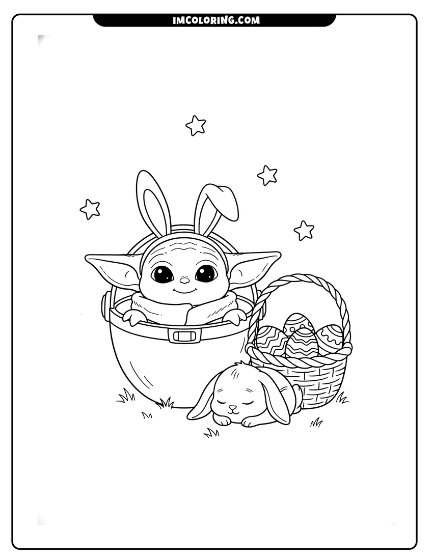 Baby Yoda wearing bunny ears with Easter eggs drawing meant for coloring