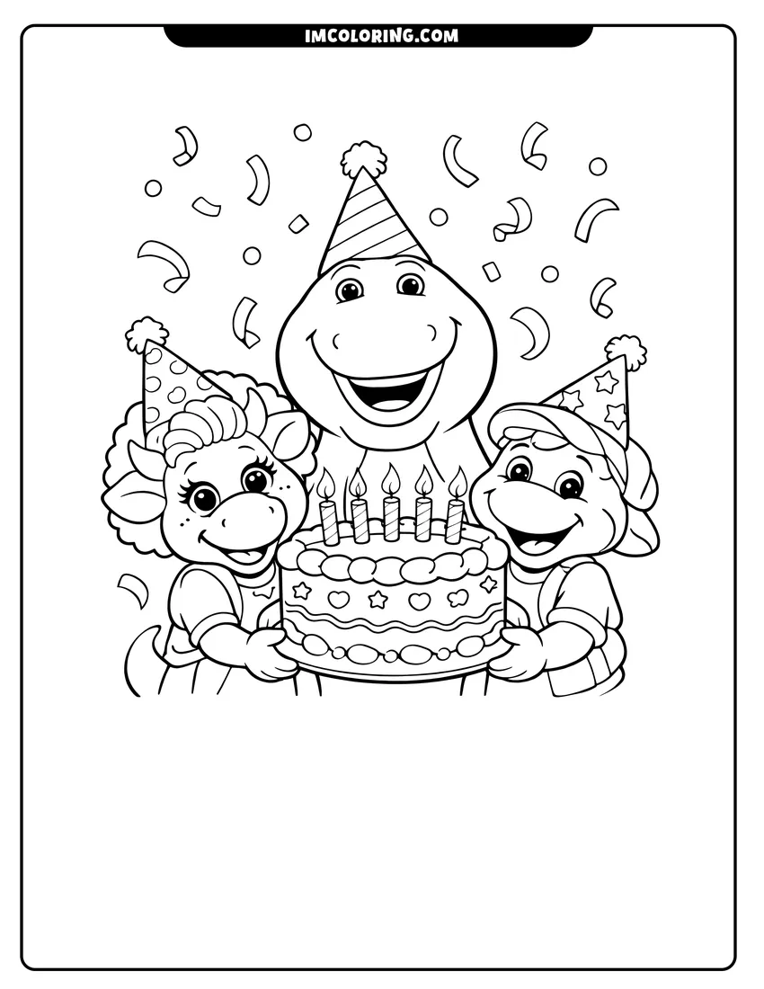 Easy-to-color Barney, BJ, and Baby Bop with a birthday cake illustration