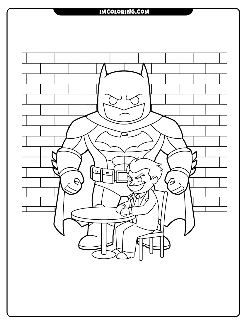 Scene showing Batman standing over The Joker sitting at a table to color