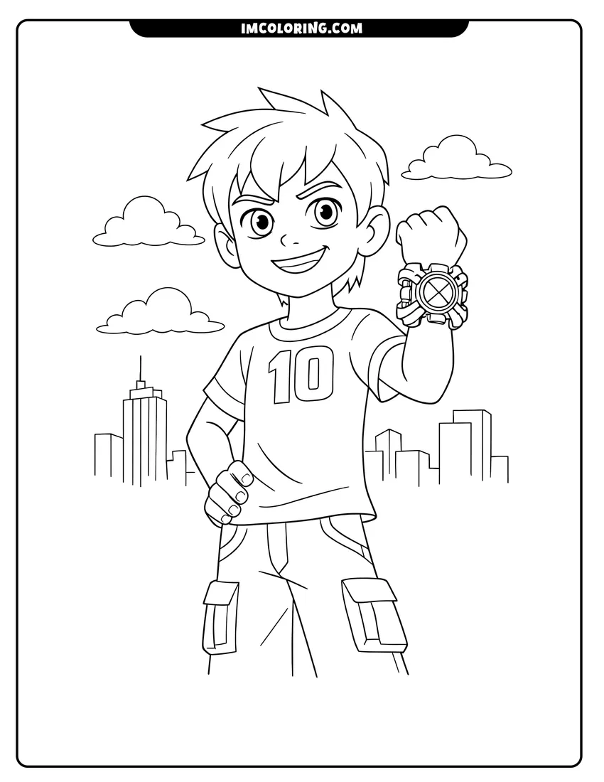 Kids activity sheet showing Young Ben Tennyson with city skyline