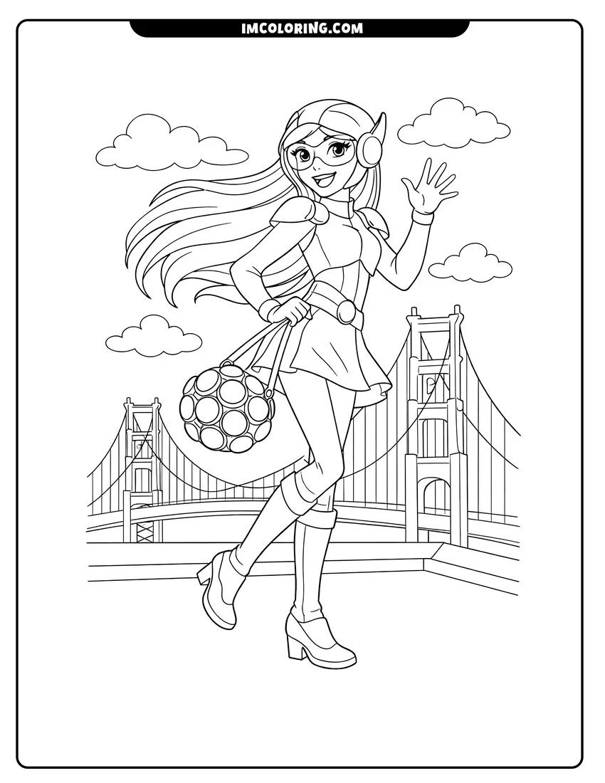 Honey Lemon in superhero suit on a city rooftop drawing meant for coloring