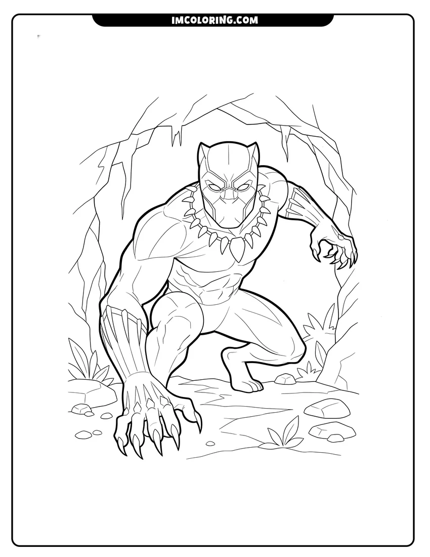 Simple line drawing of Black Panther crouching with claws out in a cave