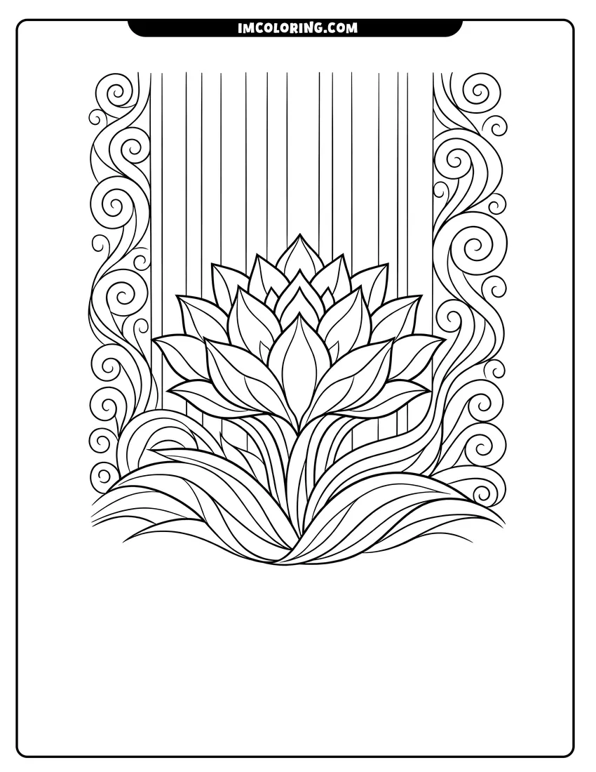 Outline of Abstract blooming flower with layered petals and stripes on a white background