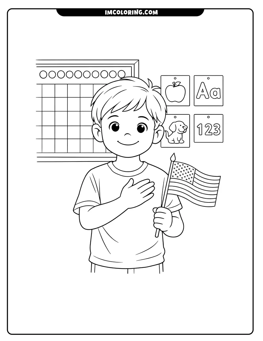 Boy holding American flag in a school classroom coloring page for preschoolers
