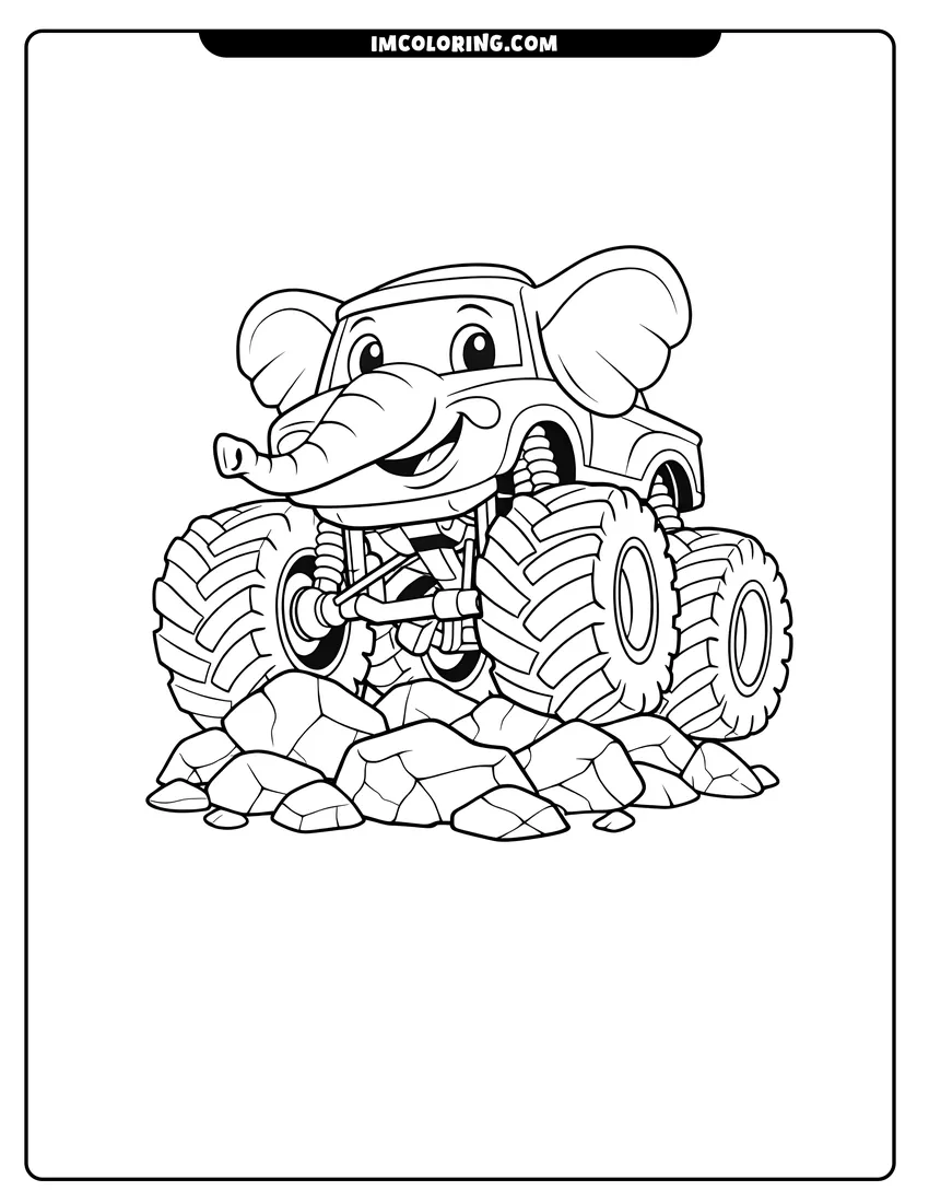 Simple line drawing of Bump the elephant monster truck climbing over rocks