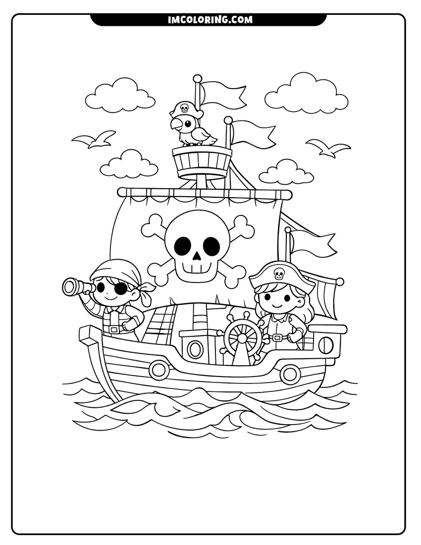 Detailed Cartoon pirate ship with skull and crossbones on sail design for coloring