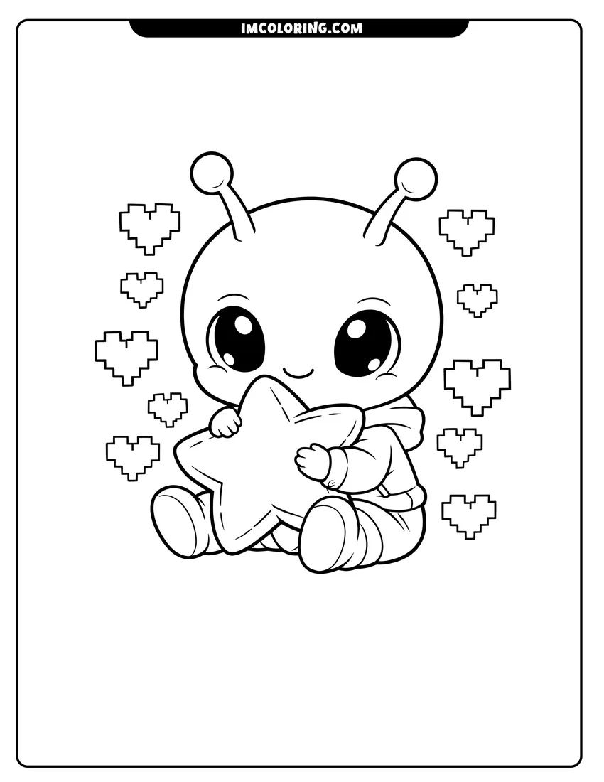 Simple line drawing of Smiling chibi alien hugging a large soft star