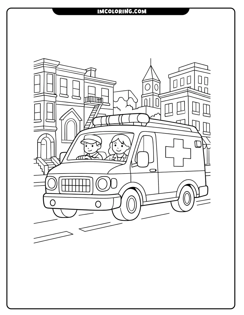 Cute Classic ambulance van driving past townhouses on a city street outline for coloring