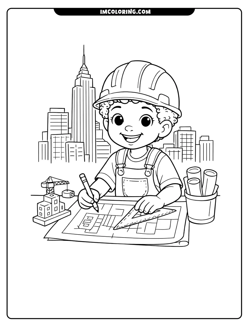 Black boy architect designing buildings with a city background coloring page for preschoolers