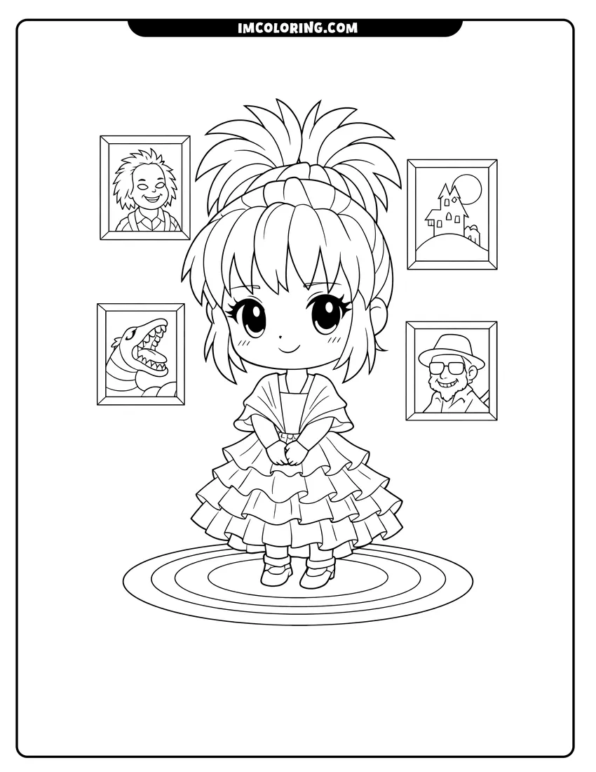 Chibi Lydia Deetz in a ruffled dress in her room drawing meant for coloring