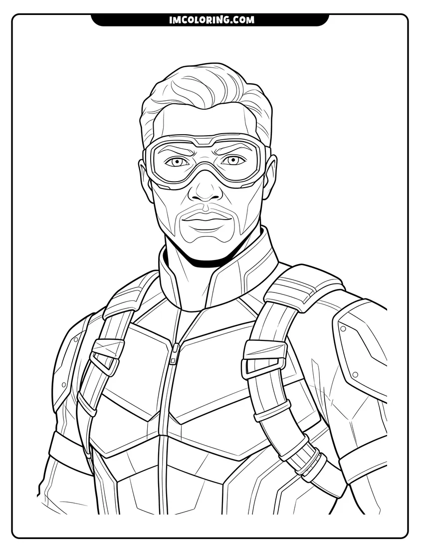 Easy-to-color Falcon portrait with goggles and wing harness straps illustration