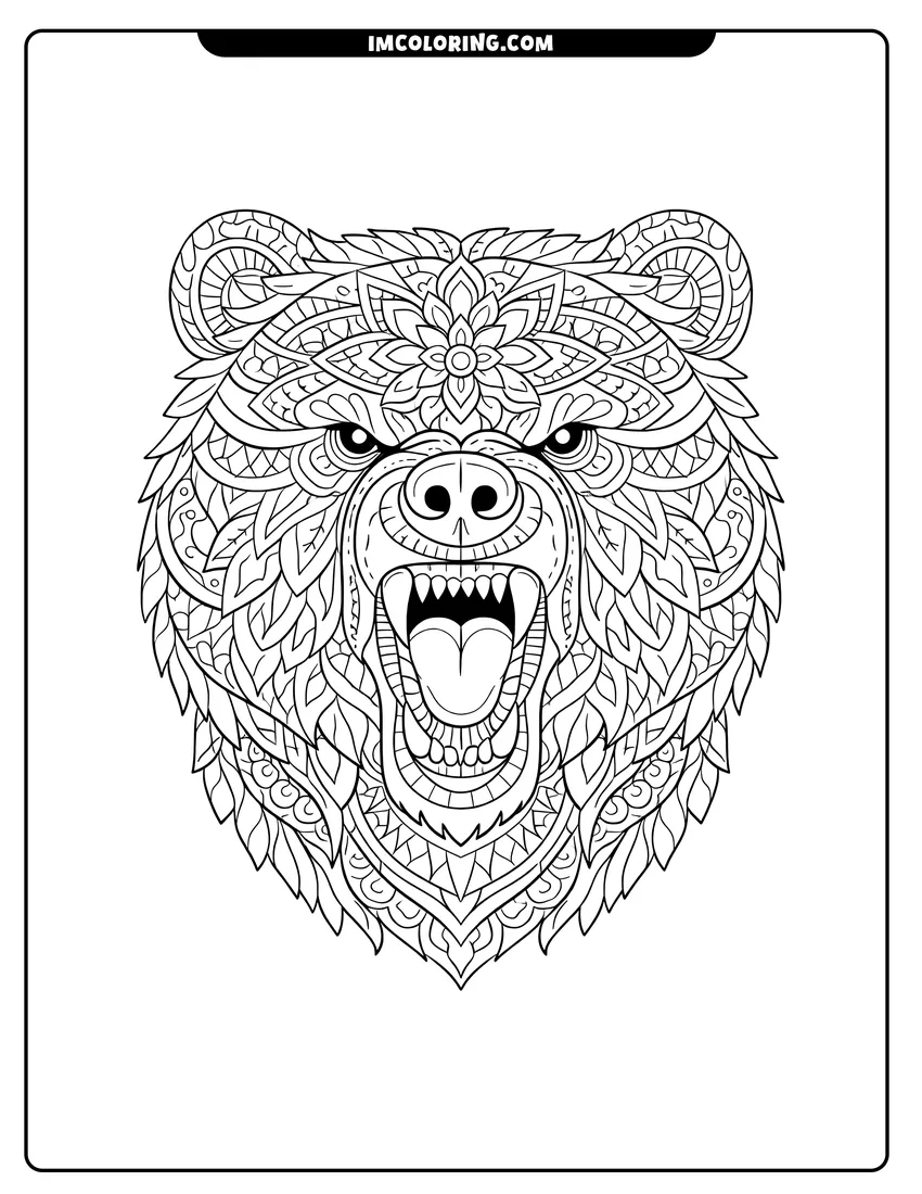 Roaring bear head with mandala patterns coloring page for preschoolers