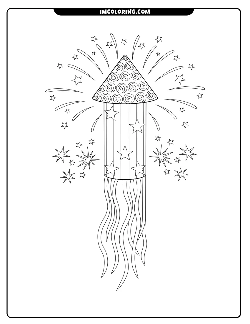 Linear illustration of Large firework rocket with stars stripes and wavy streamers