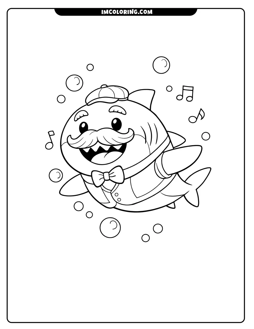 Kawaii style Grandpa Shark with a mustache and musical notes coloring picture