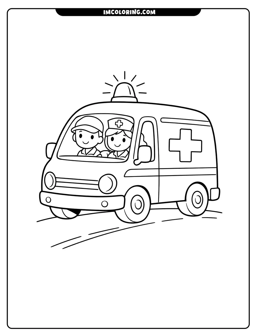 Line art depicting Simple cartoon-style ambulance with a single siren on top