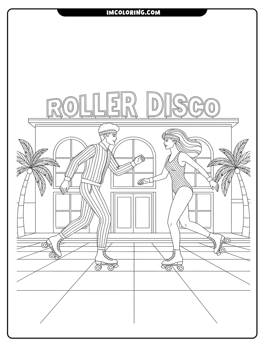 Free printable coloring sheet of Man and woman roller skating at a neon disco