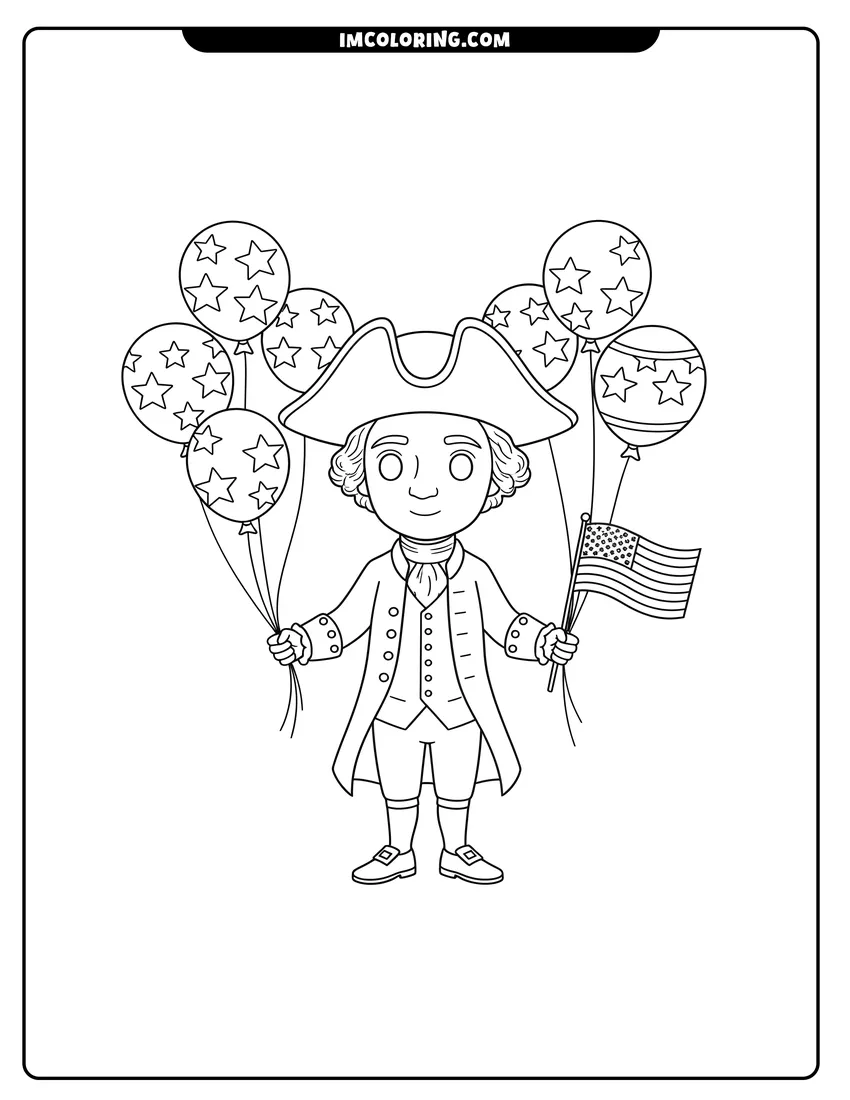 Full page coloring image of Cartoon George Washington holding a flag with star balloons