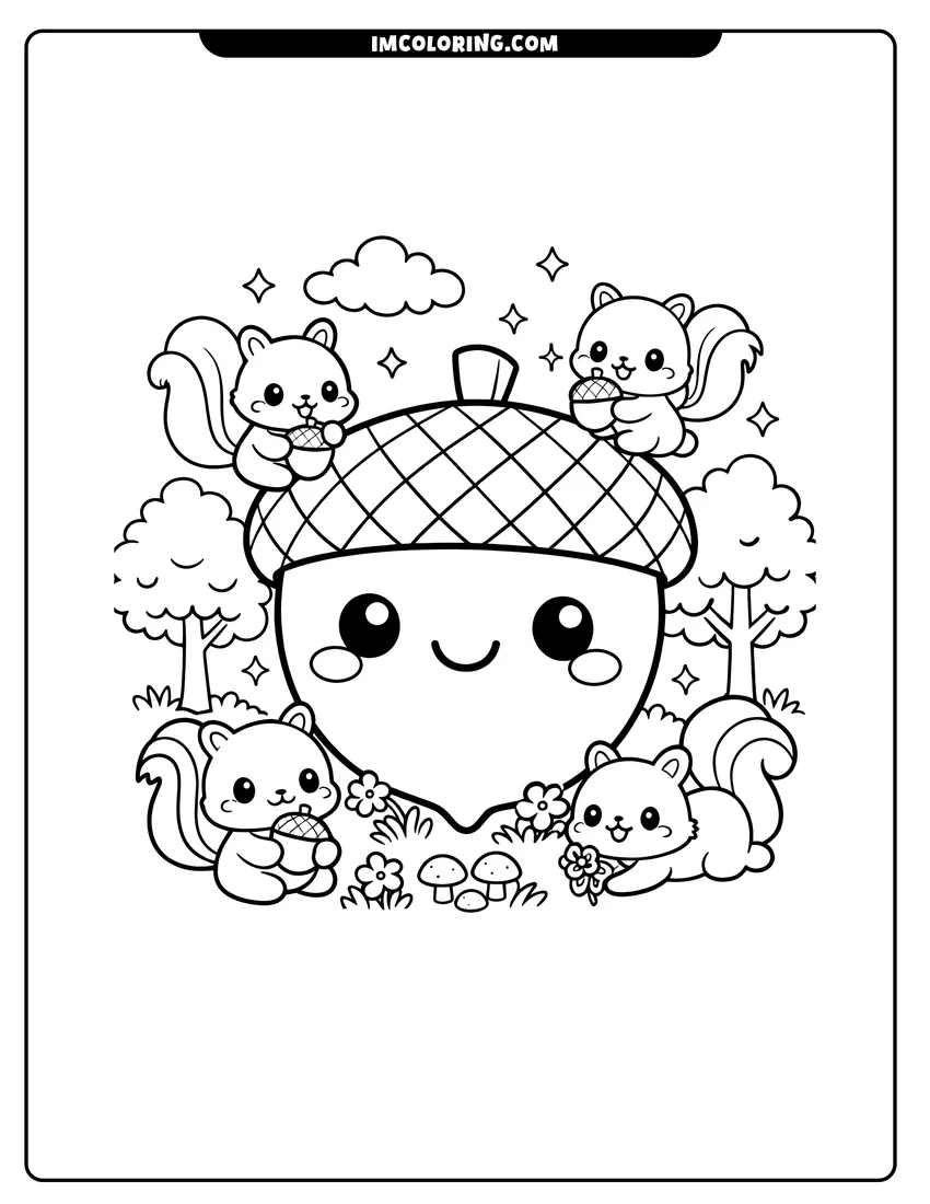 Simple sketch of Giant acorn surrounded by four squirrels in meadow for children