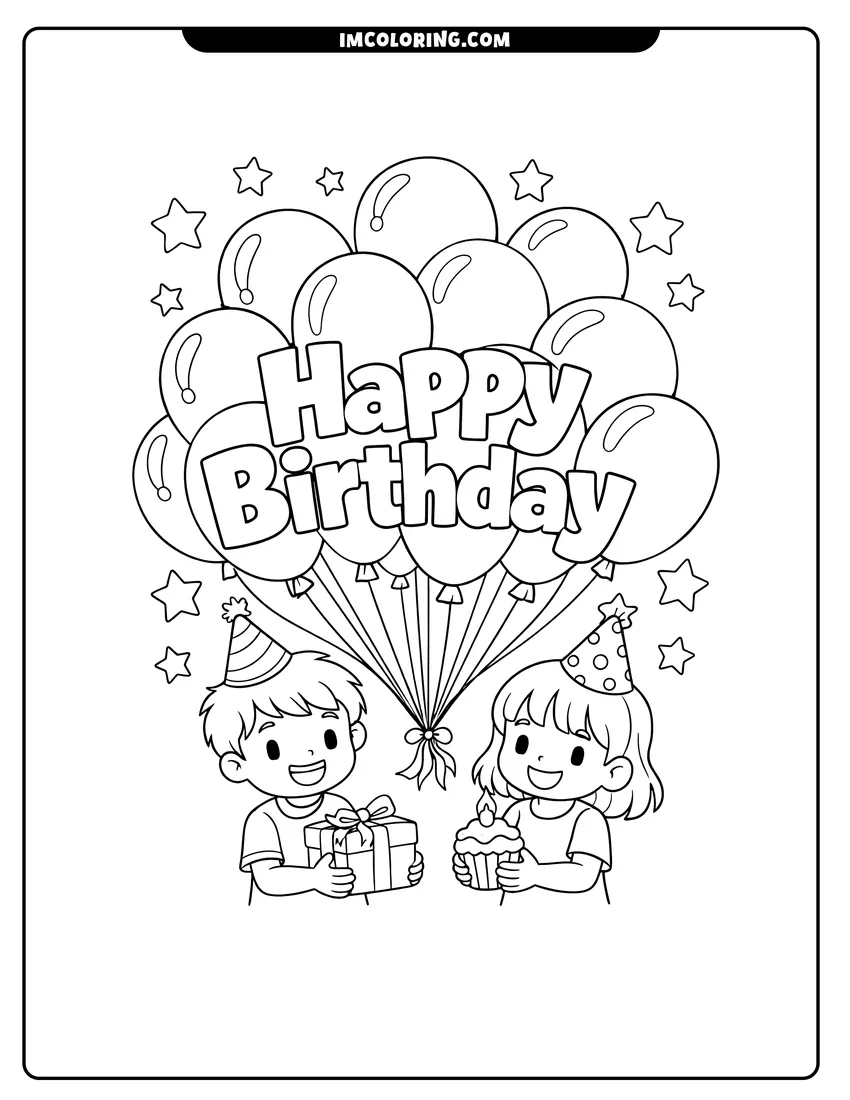 Printable outline of Happy Birthday text surrounded by balloons