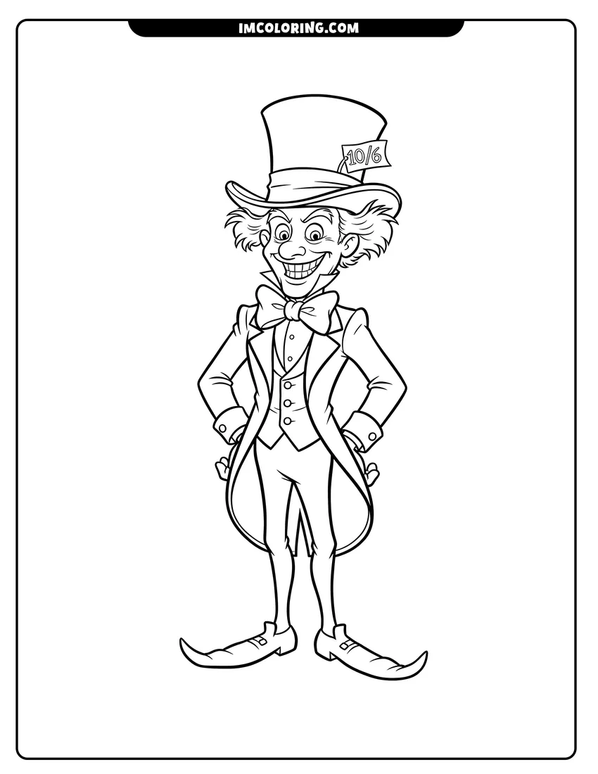High quality printable Silly Mad Hatter in a large top hat and jacket for coloring
