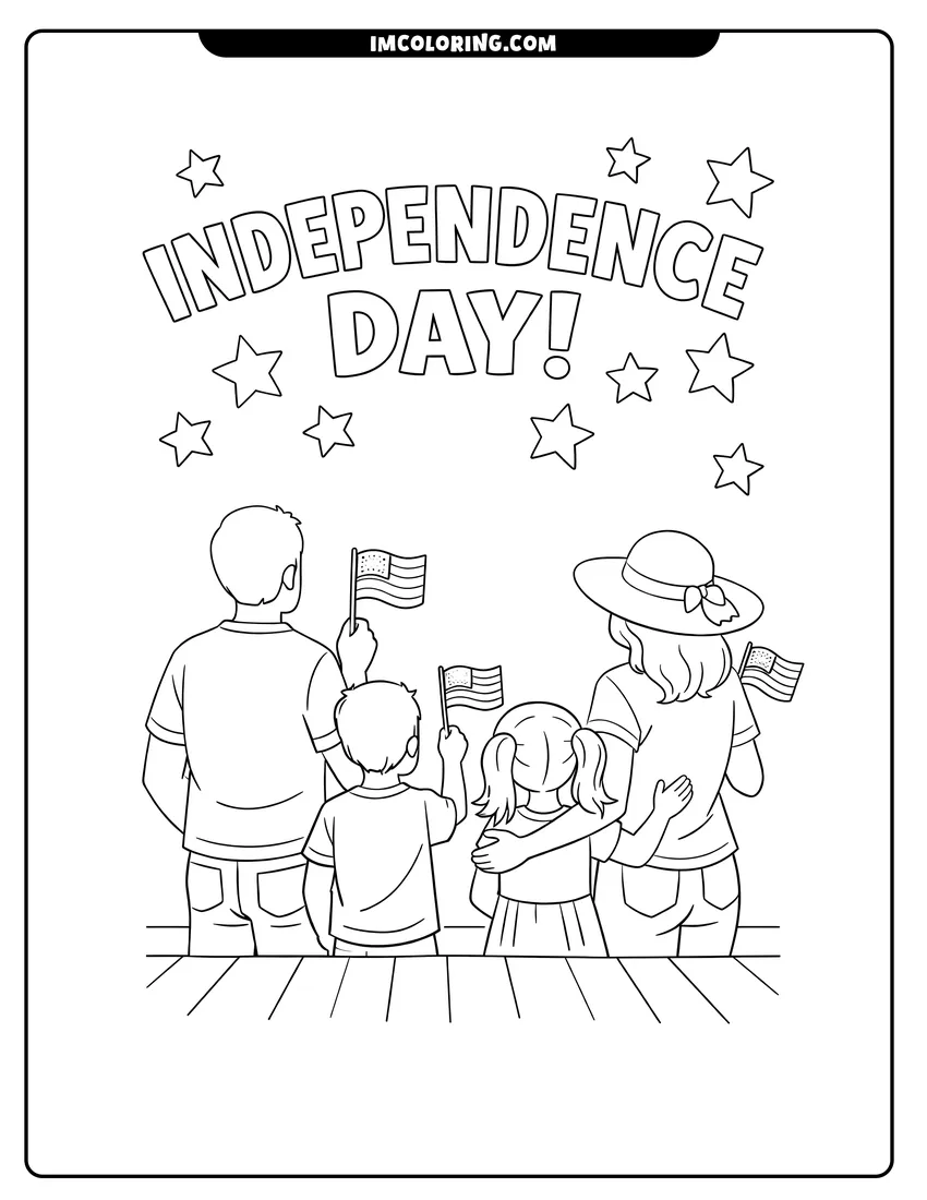 Easy-to-color Family waving flags from a house porch illustration