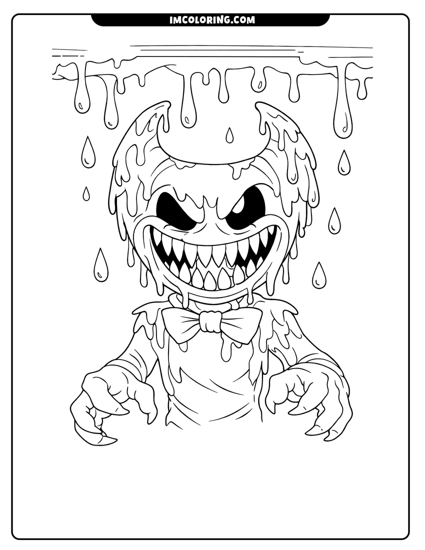 Outline of Ink Bendy standing under a ceiling leaking thick ink on a white background