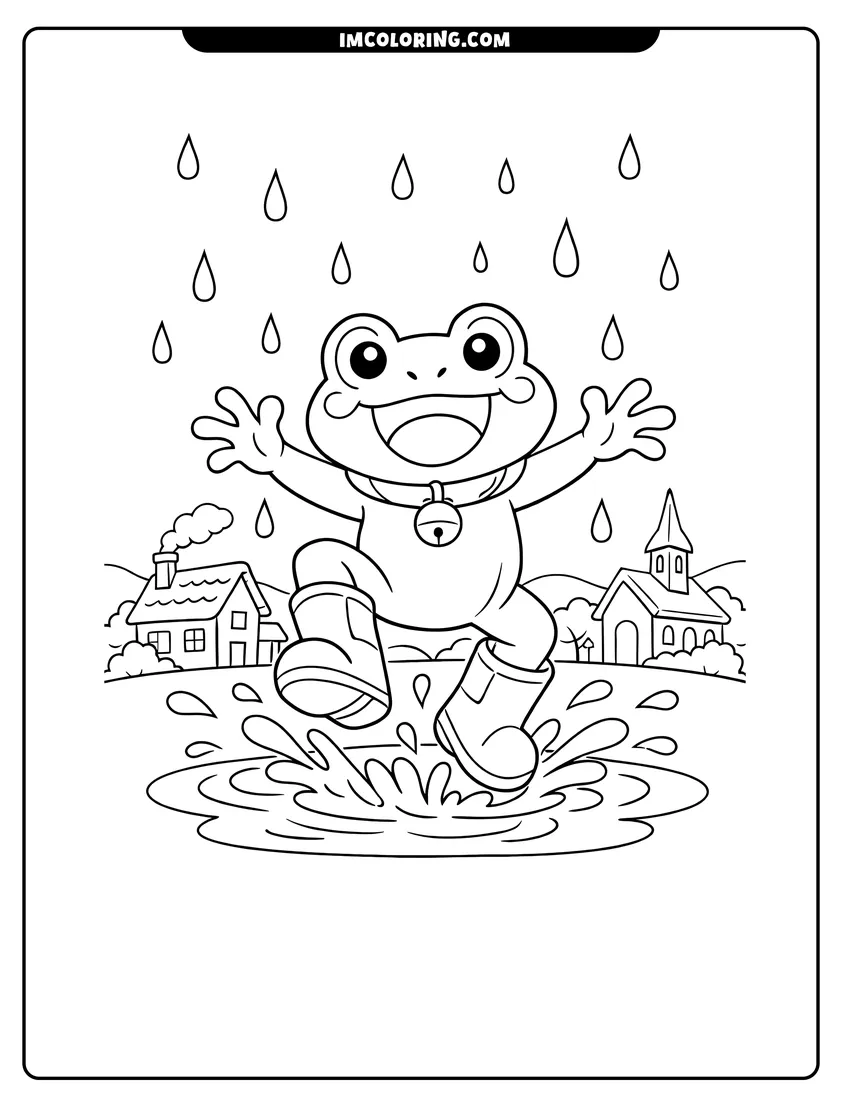 Kids activity sheet showing Cartoon frog jumping in a puddle on a rainy day