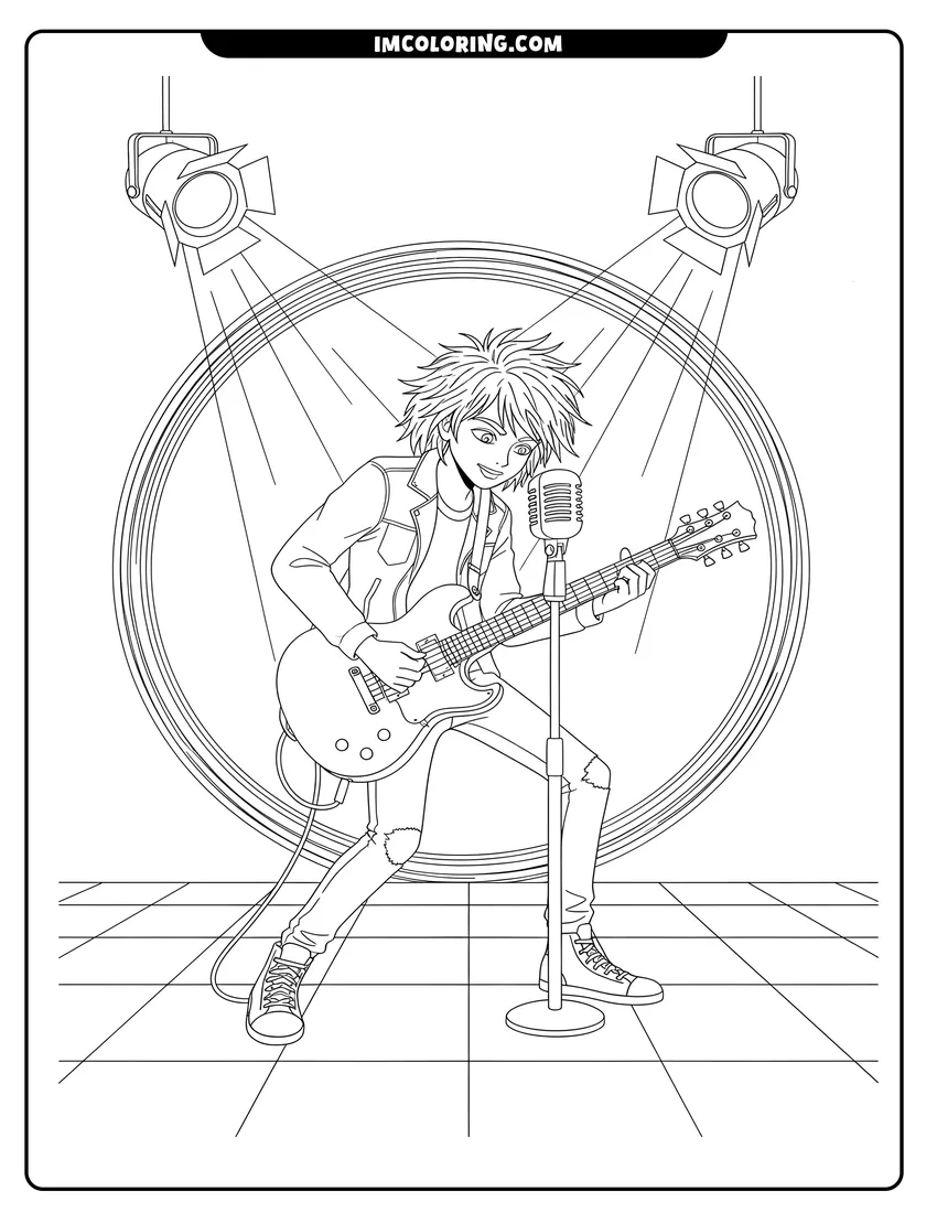 High quality printable A kid rock star playing guitar on a tiled stage for coloring