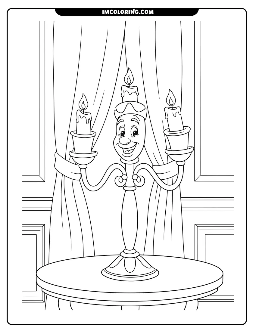 Cute Lumiere the candelabra smiling with three lit candles outline for coloring