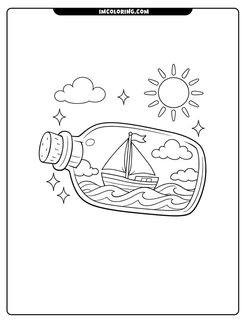 Printable outline of Sailboat floating inside a glass bottle with stars and sun