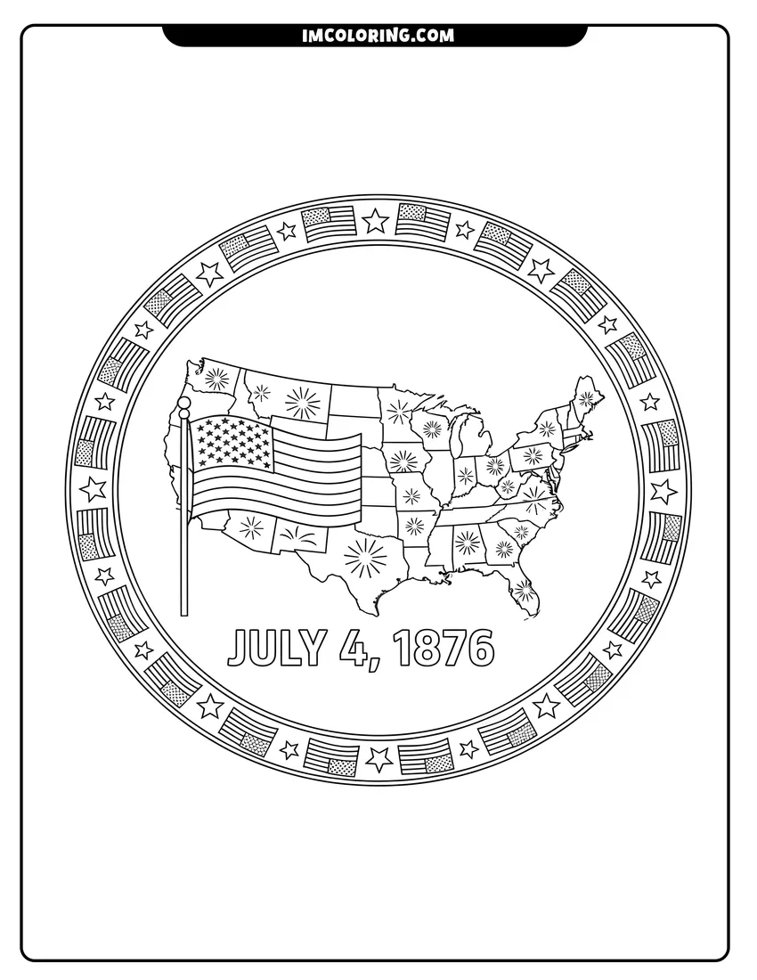 PDF style coloring page: USA map outline with July 4th text and fireworks