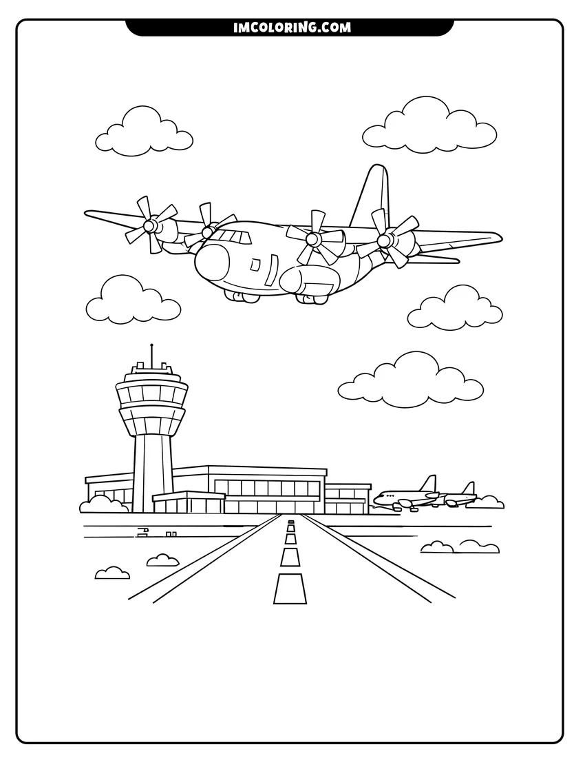 Scene showing Military C-17 transport airplane flying above an airport to color