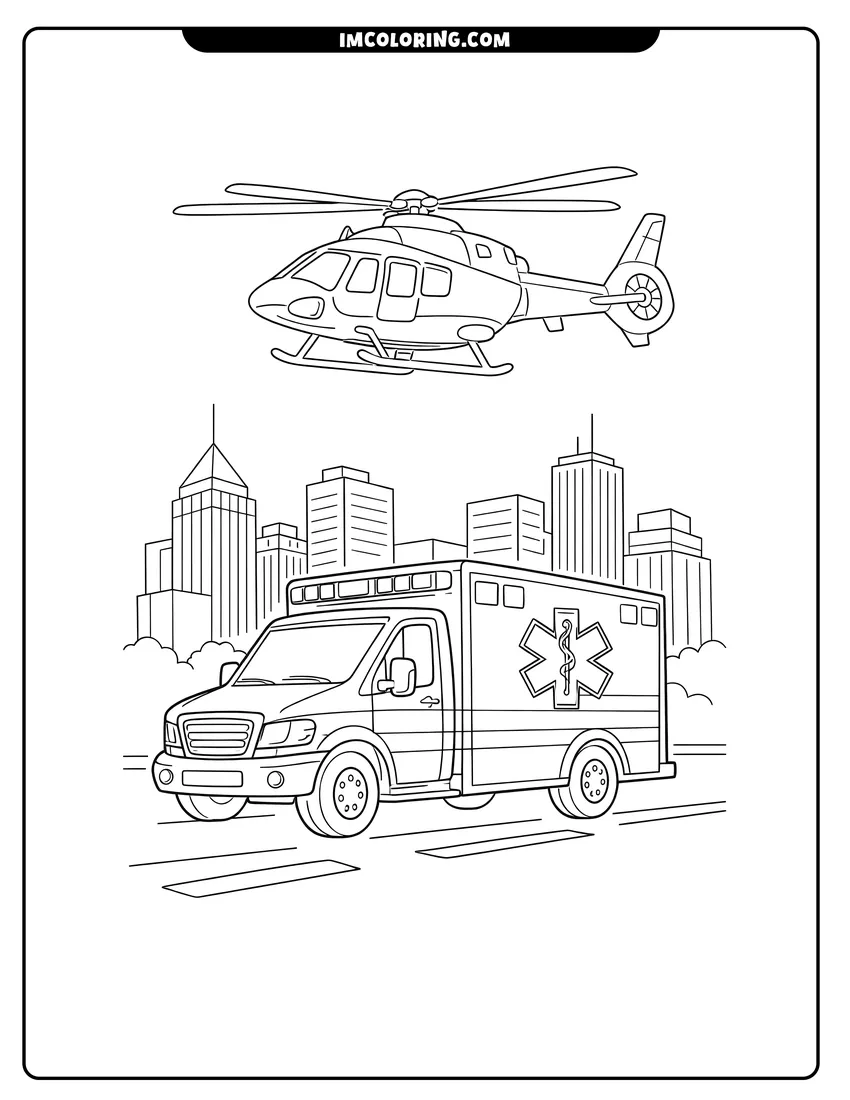 Modern ambulance and medical helicopter in a city setting coloring page for preschoolers