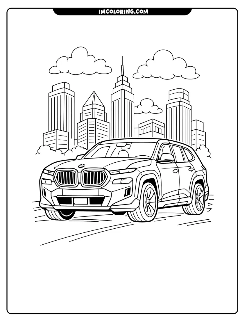 Black and white Modern Bmw XM SUV driving through a city skyline coloring sheet
