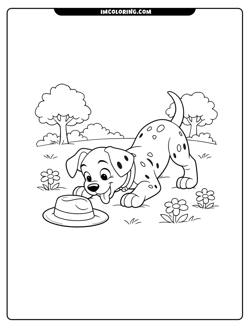 Illustration of Pongo the dalmatian playing with a man's hat ready for painting