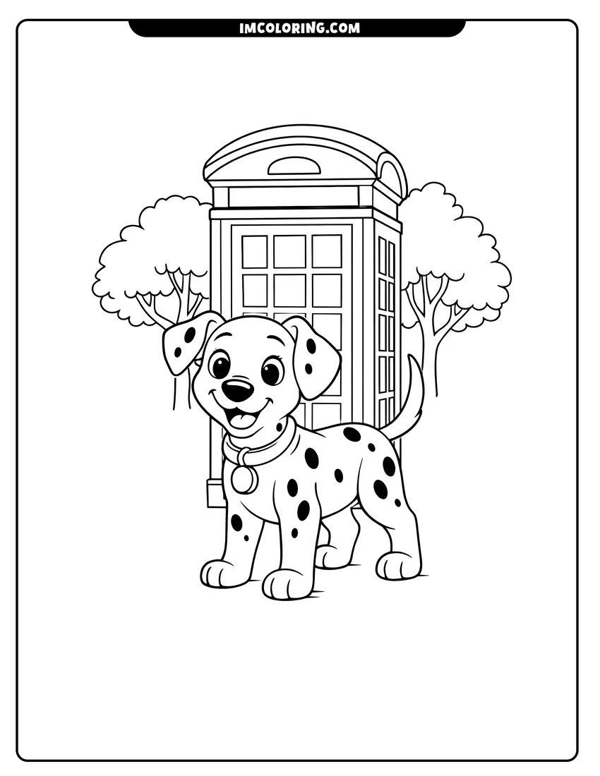 Cute Pongo the dalmatian near a red telephone booth outline for coloring