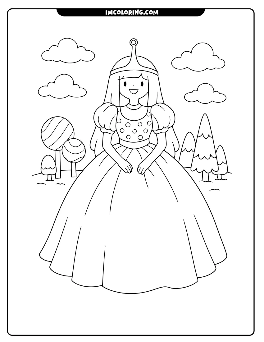 Line art depicting Princess Bubblegum in a large ball gown