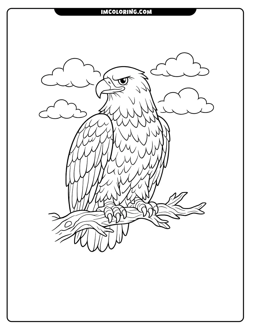 Detailed bald eagle perched on a gnarled branch drawing meant for coloring