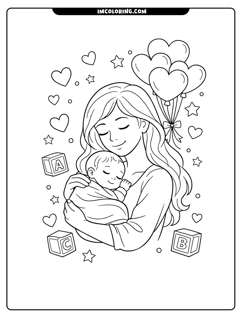 Printable Woman with long hair cradling a sleeping newborn coloring activity