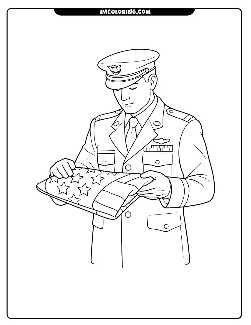 Printable outline of Serviceman in uniform folding an American flag