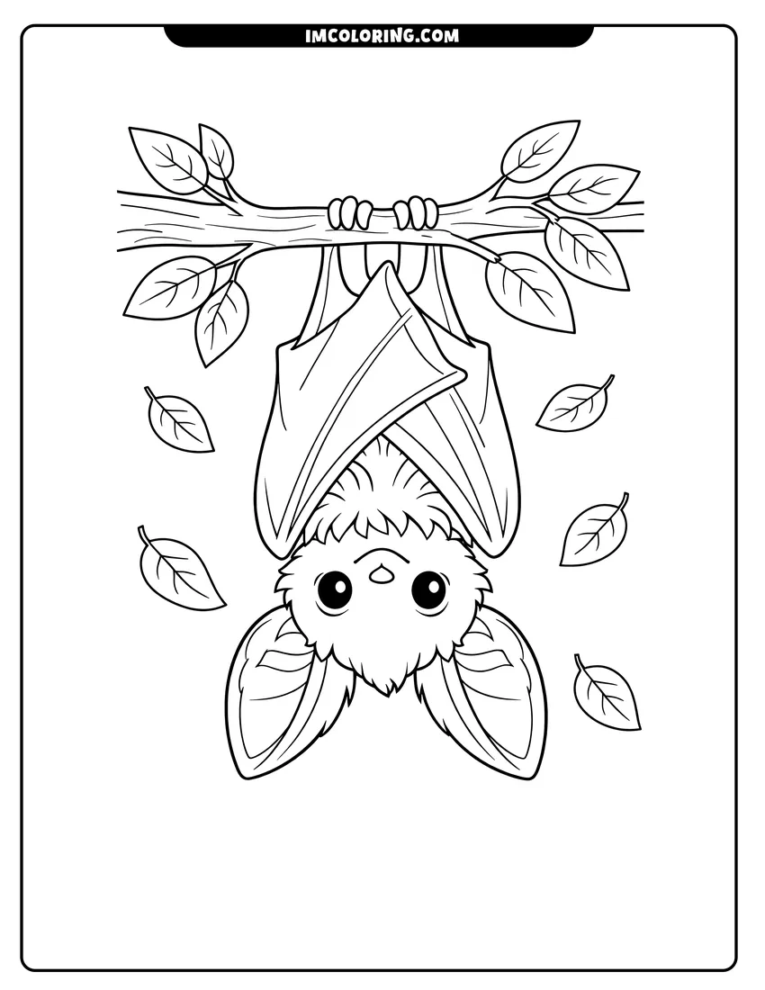 Kawaii style Simple bat hanging upside down from a branch coloring picture